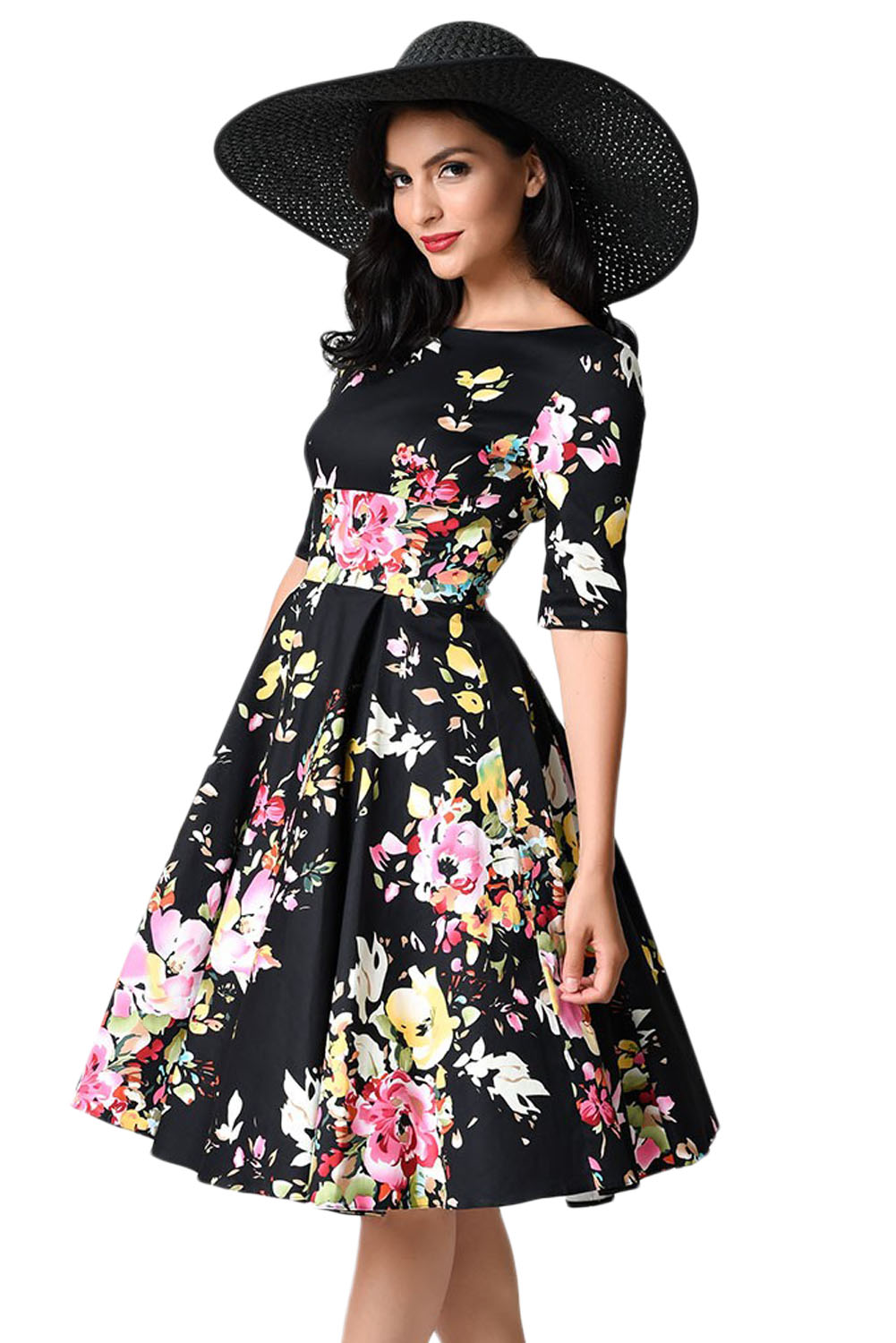 BY61702-2 Black Vintage Style Floral Half Sleeve Swing Dress